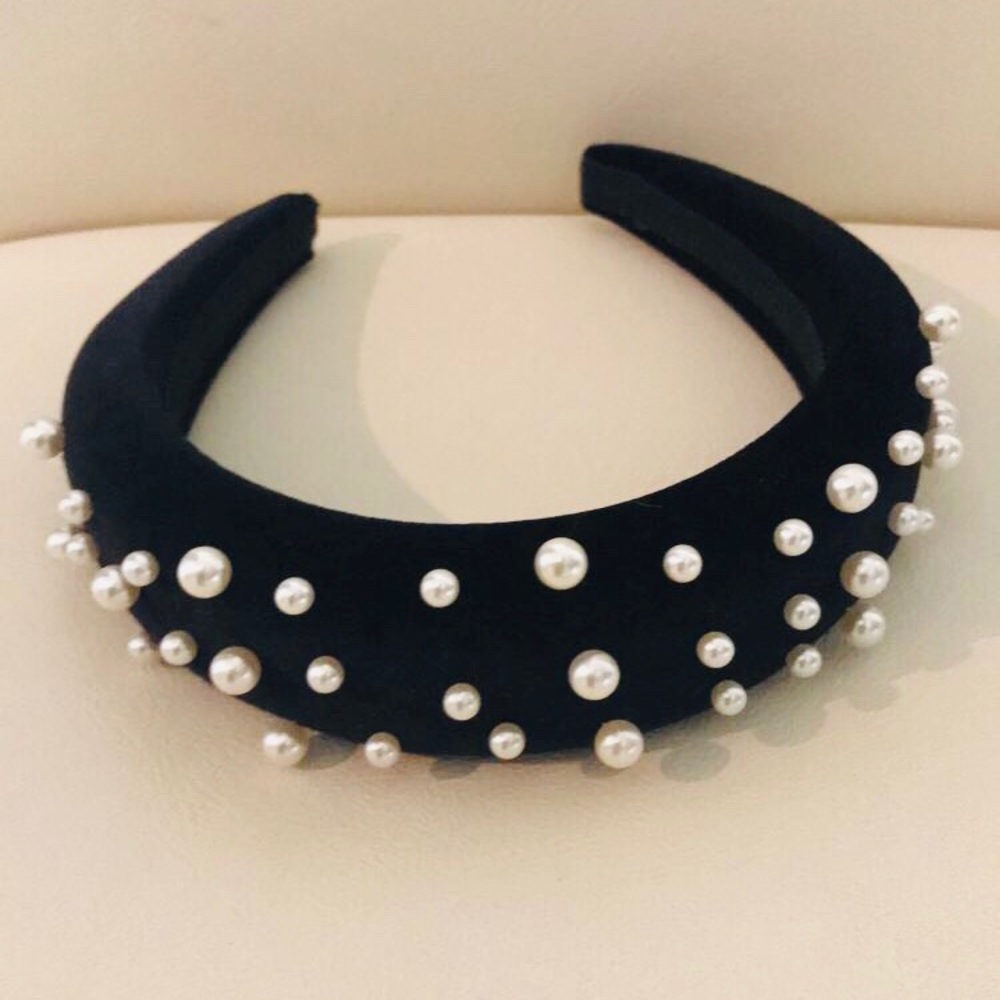 Suede Thick Headband Embellished with Pearls
